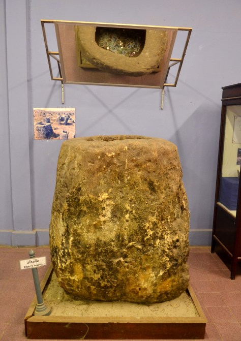 The Plain of Jars is a megalithic archaeological landscape in Laos. Scattered in the landscape of the Xieng Khouang plateau, Xieng Khouang, Lao PDR, are thousands of megalithic jars. These stone jars appear in clusters, ranging from a single or a few to several hundred jars at lower foothills surrounding the central plain and upland valleys. Lao stories and legends tell of a race of giants who inhabited the area ruled by a king called Khun Cheung, who fought a long, eventually victorious battle against his enemy. He allegedly created the jars to brew and store huge amounts of lau hai ("lau" means "alcohol", "hai" means "jar"—So "lau hai" means rice beer or rice wine in the jars) to celebrate his victory.