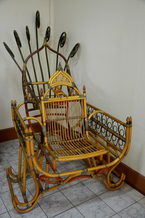 The peacock Houda: Mounted onto elephants, this was a traditional means of transport in Laos during the 17th century. This houda is still used for special ceremonies in Vientiane to this day.
