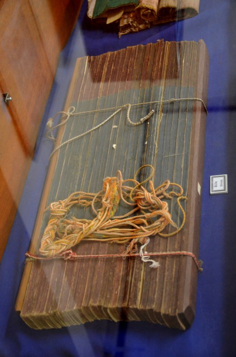 Palm-leaf manuscripts: Vientiane period, 1560-c. 1700: This cabinet contains a Lao fable, the Kalaket, as well as many other stories and texts, including the Sinxay and a healing manuscript. Lao Buddhists believe that if a fragment of the healing manuscript is soaked in water, then consumed, it will cure illness.